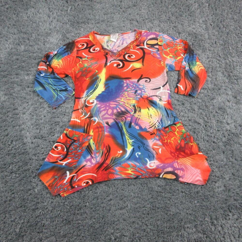 Parsley & Sage Shirt Womens S Orange Floral Tunic 3/4 Sleeve Pockets Cotton